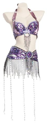 Bauchtanz Kleider Set Für Frauen Tassel Belly Dance Performance Dance Outfit Professionelle Bauchtänzerin Kostüme Handbestickter BH Top Gürtel Mit Pailletten 2 Stück,Lila,L