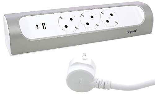 LEGRAND, Ecksteckdosenleiste, 45°abgewinkelt, 3-fach Steckdose, USB-A- und USB-C-Anschluss, 3000mA - 5,0V -15 W MAX, Wand- und Tischmontage, 2 Meter Kabellänge, Ultraweiß/Aluminium, 694502