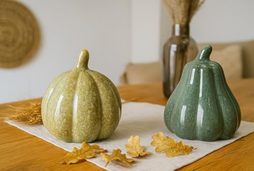 RiloStore 2 STK KÜRBIS 13cm grün hellgrün Halloween Kürbisse Steingut Herbstdeko Dekokürbis Dekoobjekt Tischdeko Dekofrüchte Pumpkin Früchte flo4243 Dekoration Herbst Gartendeko Balkondeko