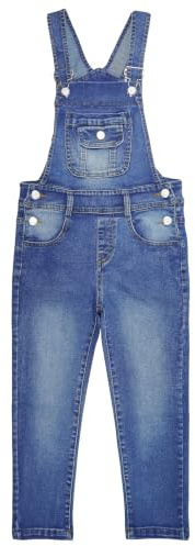 KIDSCOOL SPACE Jeansoverall för flickor, mjuk stretchig tvättad jumpsuit med fickor med lapel och stor haklapp, Blå, 7-8 år