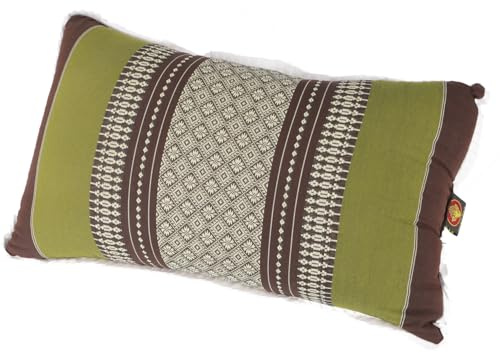 GURU SHOP Coussin décoratif, coussin de soutien méditation, coussin de cou, coussin thaïlandais kapok – Vert/marron, 28 x 44 x 15 cm, coussin de nuque de style thaïlandais