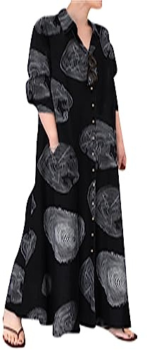 OMZIN Damen Elegante Aufgerollte Ärmel Maxi Pocket Kleid Button down Leichtes Leinen Langes Kleid Baum Ring Schwarz L