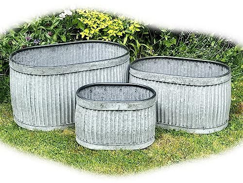 Darthome Oval Galvanised Tub Planters Set Of 3 Metal Ribbed Dolly Garden Drum Barrel Pots