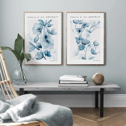 Herfair 2er Premium Poster Set, Blau Blumen Aesthetic Bilder Wandbilder, Blumen Bild Kunstposter, Leinwandbilder, Wohnzimmer Schlafzimmer Deko, Ohne Rahmen (40x50cm)