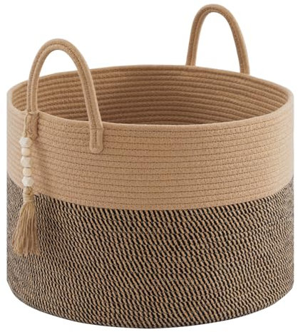 YOUDENOVA Wäschekorb Geflochten Groß 65L Korb Aufbewahrung Korb Decken Spielzeugkorb für Wohnzimmer Kinderzimmer Aufbewahrungskorb Wäschesammler 50x33 (Jute & Schwarz, 50cm(D) x33cm(H))