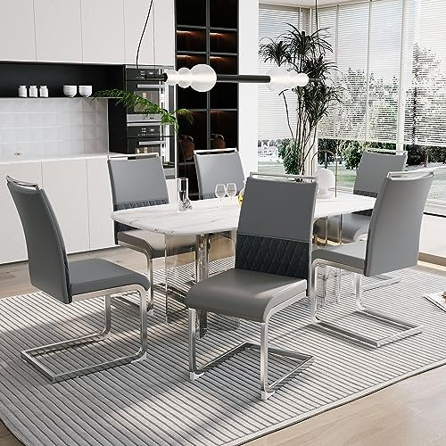 Merax Freischwinger Schwingstuhl 6er Set, Esszimmerstühle mit hoher Rückenlehne aus PU Kunstleder und Leinen, Metallgestell, Moderner Küchenstuhl, Polsterstuhl für Wohnzimmer Konferenzraum, Grau