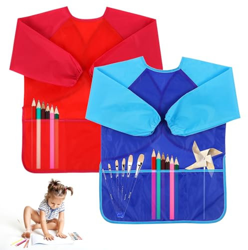 DSLSQD 2 Stück Malschürze Kinder, Wasserdicht Malkittel, Bastelschürze Mit Ärmeln & 3 Taschen, Maleranzug für 3-8 Jahre, Malerschürze Kunstkittel für Malerei Kochen Essen