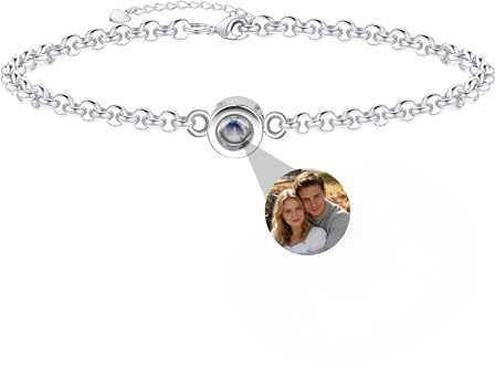Nergaebe Benutzerdefiniertes Foto Armband für Frauen - Personalisiertes Projektion Armband Mit Bild im Stein - Sterlingsilber Kreis