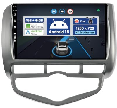 4G+64G BXLIYER 9 Pouce Autoradio pour Honda Fit/City/Jazz (2002-2007) GPS Radio - sans Fil Carplay Android Auto - Android 16 - Caméra arrière - 2 Din - Dab Volant WLAN Bluetooth DSP 4G