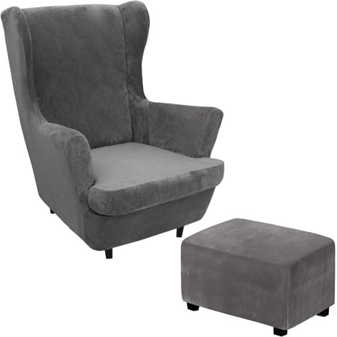 Thdsubb Ohrensessel Überzug Samt Husse Für Fußhocker Sesselbezug Sessel-Überwürfe Tiger Stuhlbezug Ottomane Schonbezug Hockerüberzug (Grau,Wing Chair+Rectangle XL)