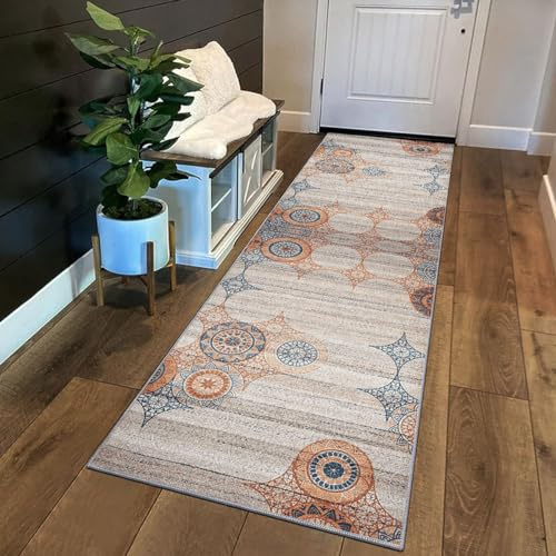Teppich Läufer Flur Küche rutschfest waschbar Teppichläufer Lang 40x140cm Beige Orange Blau Vintage Meterware Korridor Tepiche Esszimmer Schlafzimmer Wohnzimmer Schmutzfangmatte Küchenteppich