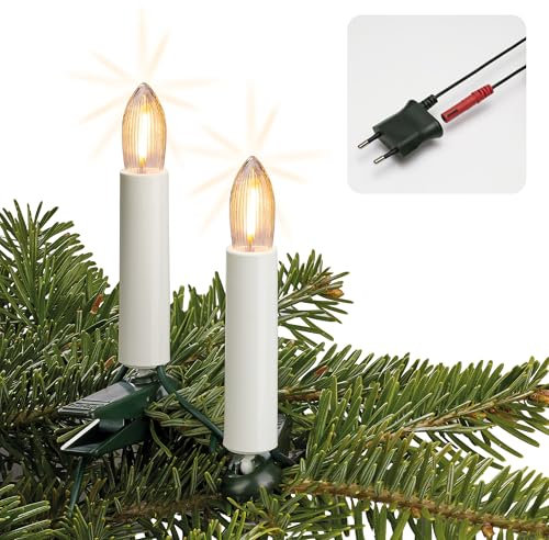hellum Lichterkette Weihnachtsbaum LED-Filament, Made in Germany, Riffelkerzen mit Clip, 30 Lichter, beleuchtete Länge 20,3 m, warmweiß, Schaft weiß, für Innen, teilbarer Stecker <59lm 815153