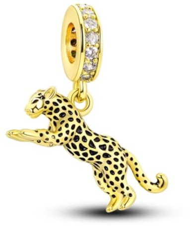 925 Sterling Silver 18-Carat Gold Plated Elegant Agile Leopard Dangle Bead Charm For Pandora Bracelets Charms Necklace | Cubic Zirconia | Gift Packed