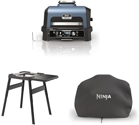 Bundle of Ninja Woodfire Pro Connect XL Electric BBQ Grill and Smoker with App Control, Digital Probe, Large 7-in-1 Outdoor Grill and Air Fryer with Woodfire Pellets, OG901UK + Stand + Cover