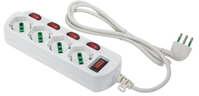 Multipresa Fanton OMEGA 474344 con 4 prese bipasso/Schuko 16A, cavo 1,5m, spina 10A, interruttore luminoso su ogni presa e protezione automatica da sovraccarico.
