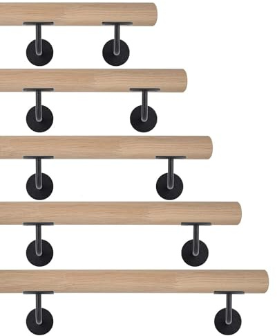 TIBU Eiche Holz Handlauf keilgezinkt unbehandelt Geländer 0,3m - 6m, Länge 200 cm und 2 Edelstahl Halter Schwarz