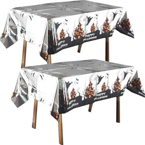 POPOYU 2 tovaglie rettangolari in plastica per Halloween, 137 x 274 cm, a forma di zucca, impermeabili, per feste di Halloween, decorazioni per la tavola