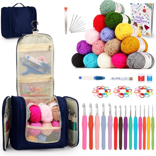 Coopay Häkelset für Anfänger, Komplettes Häkelnadel Set mit 15 Wolle, Ergonomisch Häkelnadeln, Tragbar Tasche und Häkelzubehör, 2,0-10 mm Häkelnadel mit TPR Gummigriff, Häkel Set Geschenk, Navy Blau