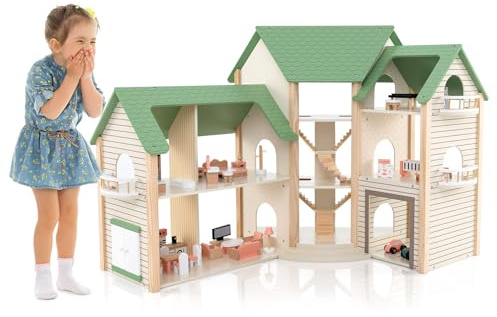 COSTWAY Casa delle Bambole ad Angolo in Legno, Casetta delle Bambole a 3 Piani con 36 Mobili e Accessori, 6 Stanze, Balconi e Garage, Giocattolo per bambini 3+ Anni, 87 x 37 x 83 cm