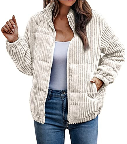 Générique Femmes de Bombardier Veste En Velours Côtelé Nervuré Matelassé Zip Manches Longues Veste D'hiver Automne avec Poches Top Chaud Veste Classique Automne et Vester