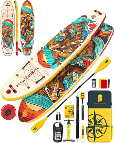 BAX ASTRONAVE Stand Up Paddling Board,335x88x15 Extra Breit Sup Board,Paddle Board Zubehör Con Cam Halterung,Verstellbares Paddel,Finnen,für 2 Personen,bis 200 kg belastba (Gelb)