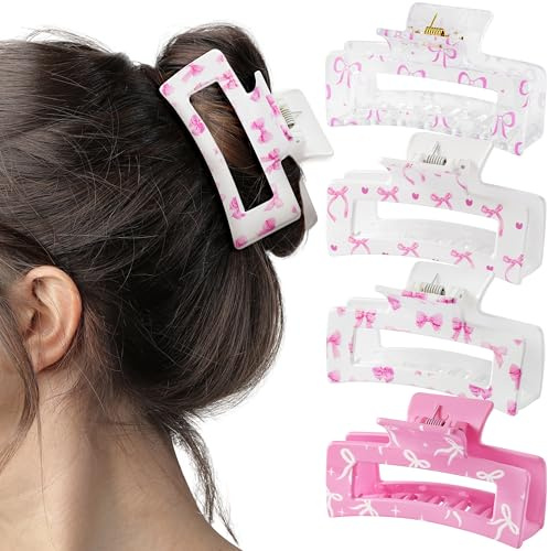 PANTIDE 4Pcs Coquette Pink Bow Hair Claw Clips for Women Girls - Cute Bow Preppy Trendy Rectangle Nonslip Banana Hair Clips, Thin Thick Short Long Curly Accessories, Birthday Bachelorette Wedding Gift