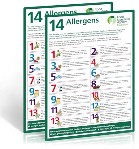 14 Food Allergens Poster 2 Pack, A4 297 x 210mm Self-Adhesive Vinyl Signs | FSA Compliant Food Allergen Notice, Waterproof, Oil-Resistant, UV Printed, For Kitchens And Restaurants