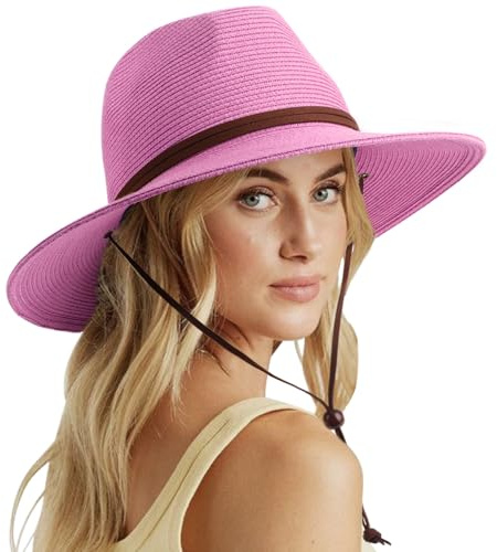 DRESHOW Mujeres Sombrero de Panamá Sombreros de Paja Sombrero de Verano Sombrero de Playa Fedora Sombrero de ala Ancha Sombrero de Paja UPF 50+