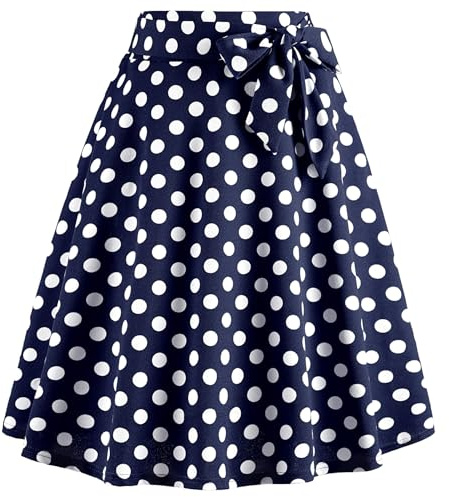 WERFORU Gonna midi da donna anni '50, gonna a pois rockabilly, vintage, linea a swing, gonna a pieghe con cintura, Blu, M