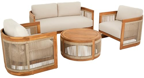 di volio Gartenmöbel Set Groseto– Sitzgruppe aus zertifiziertem Akazienholz: Doppelsofa, 2 Sessel und Couchtisch, wetterfest & bequem, Lounge Set für Garten, Terrasse und Balkon (Beige)