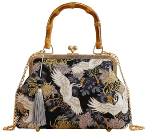 Bamboo Top-Handle Handbag Women's Shoulder Crossbody Bag for Women (black)
