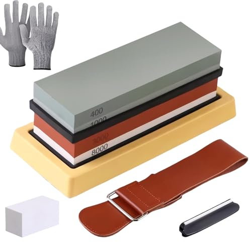 Whetstone Sharpening Stone Kit, 400/1000, 3000/8000 Coarse Sand Whetstone Kit with Base, Flat Stone and Resistant Gloves