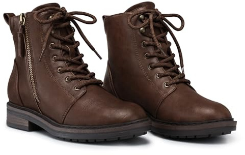 SHIBEVER Ankle Boots for Women Comfortable: Lace-up Flat Combat Boots, Brown, 5 UK