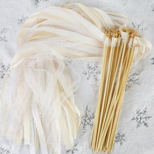 Wedding Wands 30 Stück Zauberstäbe Hochzeit Luftschlangen,Hochzeit Stäbe mit Glöckchen,Romantic Seidenfeenstab für Hochzeiten Geburtstage Partys Feiertagsfeiern Verwendet Weihnachten- (Beige)