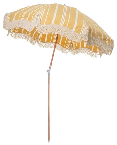 Generisch Holz Strandschirm mit fransen 200 cm, faltbarer, neigbarer, gelb-weiß gestreifter Reise- und Urlaubssonnenschirm, rund Sonnenschutz für Picknick, Garten und Camping