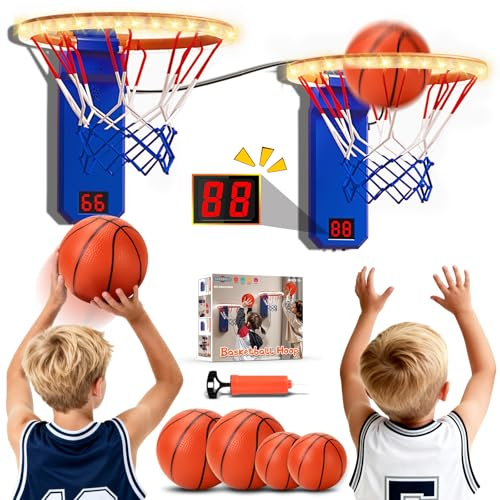 TERRAMUS Mini Canestro da Basket, Set da 2 Canestri da Basket con Pannello di Visualizzazione Elettronico, Canestro da Basket Regolabile in Altezza per Bambini, 4 Palle, 1 Pompa ad Aria, Regalo per