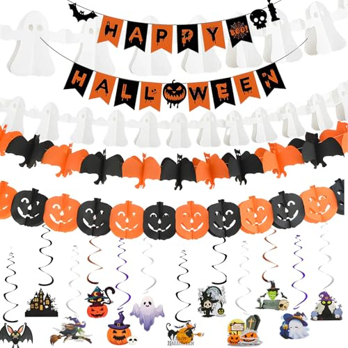 Halloween Banner, Girlande Halloween Deko Set Mit 16 Teilen, Party Dekoration Für Innen Und Außen, Inklusive Banner, Kürbis, Fledermaus, Geister Girlande Und Spiralfahnen