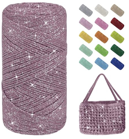 Uiopa Glitzer Häkelgarn für Taschen, Makramee Garn 1,5mm x 280m Baumwollgarn zum Häkeln und Stricken, Polyester Rope Garn für Taschen, Körbe, Dekoration, DIY-Projekte