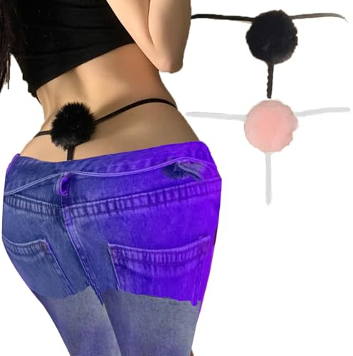 VicSec Women Sexy Panties with Fox Tail Ruffle Lace Cat Tail Thong Anime Cosplay Lingerie See Through Knickers Role Play Underwear Naughty Outfit Bikini Briefs (Black+Pink, One Size)