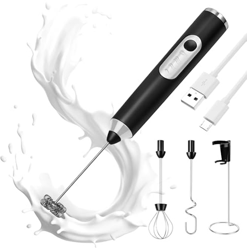Milk Frother Handheld, Luxury 3-in-1 Rechargeable Coffee Whisk with Stand & 3 Detachable Stainless Steel Whisks, 3 Speed Mini Coffee Mixer for Latte, Cappuccino, Hot Chocolate and Egg Blender, Black