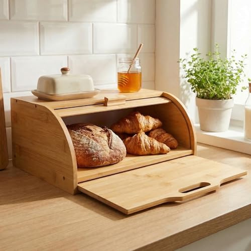 Maison Des Cadeaux Roll Top Bamboo Bread Bin Box with Built-in Chopping Board Countertop Storage