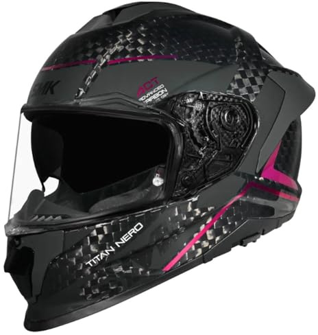 SMK Titan Carbon Nero Rosa Cromado - Casco de Moto Integral en Fibra de Carbono con Visor Solar Interior, Unisex Helmets Hombre y Mujer, Homologado 22.06 (M)