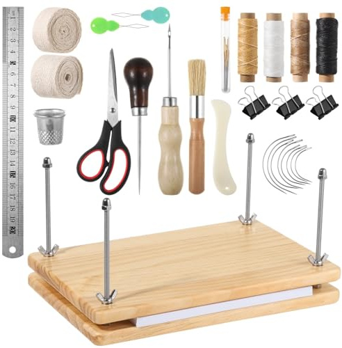 Vestamore Book Binding Supplies, 40 Pcs Book Binding Kit Professional, Awl Binding Strap, Book Cover Board, Bone Folder, 11.6 X 7.7 Inch Wooden Book Binding Press, DIY Tools, Book Binding Tools