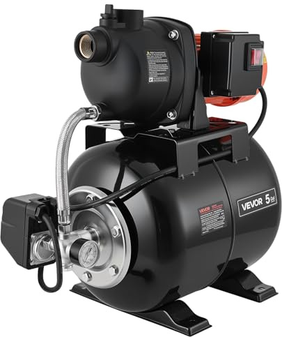 VEVOR Groupe de Surpression 800 W Pompe avec Réservoir de Pression 19 L pour Puits Peu Profonds Arrosage Jardin Pelouse, Tête Pompe Plastique, 5000 L/h, avec Surpresseur Auto, Pressostat 1,4-2,8 bar