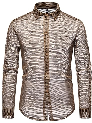 Camicia da pescatore da uomo, a rete, trasparente, sexy, da discoteca, estiva, a maniche lunghe, per festival, club, discoteca, feste, costume trasparente, gold, XXL