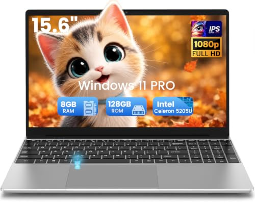 Kayoote Ordenador Portátil 15.6, Win 11 Pro, 8GB RAM 128GB SSD, Celeron 5205U, Pantalla FHD 1080P, Teclado Retroiluminado, Huella Digital, Bisagra 180°, PC Portátil para Trabajo y Escuela