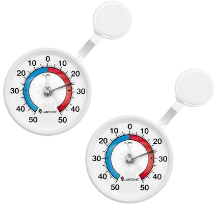 Lantelme 2 Stück Fensterthermometer Set selbstklebend Außen an Fensterscheibe oder Rahmen | Temperatur + - 50°C | Analog Bimetall Thermometer für Garten und Fenster Deutsche Herstellung in Weiß