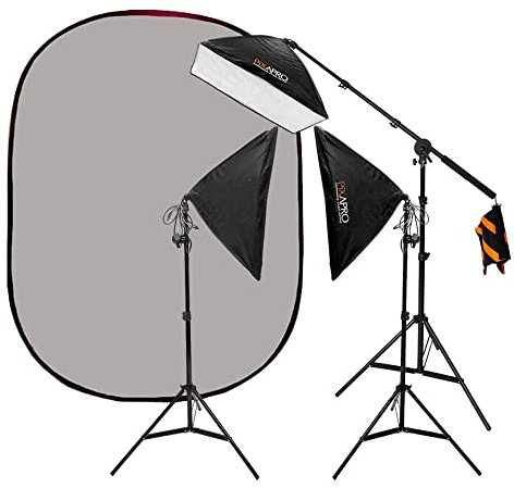 Pixapro EzyLite 85w Three Head Boom and Background Kit Continuous Photography Strobe Lights Modifier Softbox Video Studio Light Flash Photoshoot Fashion Photo Lamp Bulb Accessories Camera Equipment Kit (Grey)