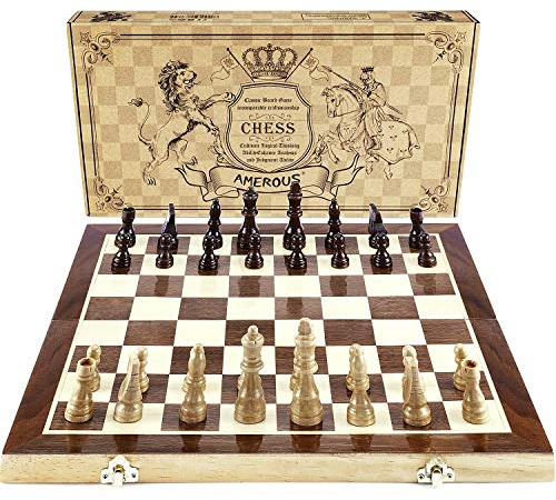 AMEROUS Chess Set, 15x15 Folding Magnetic Wooden Standard Chess Game Board Set with Wooden Crafted Pieces and Chessmen Storage Slots