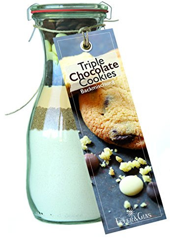 Backmischung im Glas für Triple Chocolate Cookies – Raffinierte Geschenkidee für Backfreunde – Gourmet Backzutaten im Weckglas für Triple-Schokoladen-Kekse – Dreifacher Schoko-Genuss von Feuer & Glas